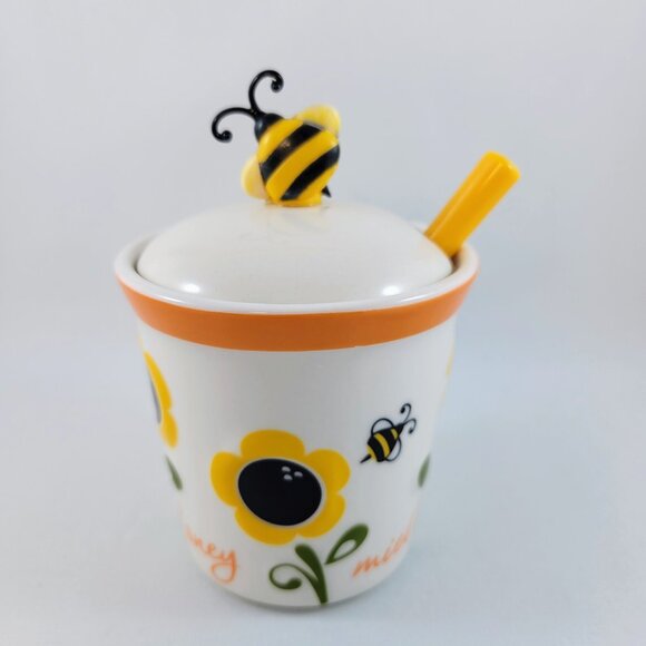 Sunflower Honey Pot Jar Bee Joie Ceramic Dipper White Yellow Flower Miel Read - Picture 2 of 11